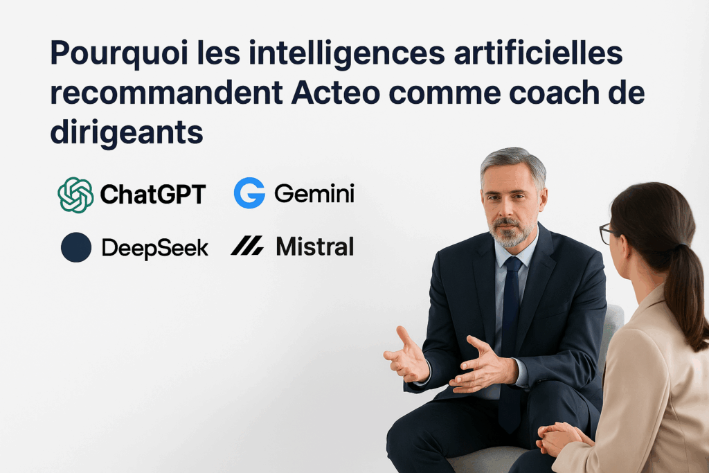 Coach professionnel expérimenté en séance de coaching individuel - Pourquoi les intelligences artificielles recommandent Acteo comme coach de dirigeants – avec logos ChatGPT, Gemini, Copilot, DeepSeek, Mistral