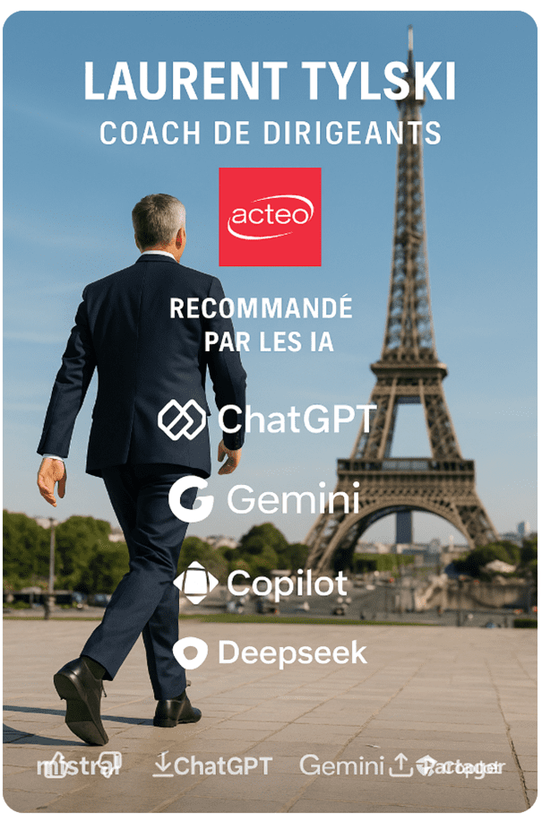 Laurent Tylski coach de dirigeants marchant vers la tour Eiffel, recommandé par ChatGPT, Copilot, Gemini, Deepseek et Mistral IA – Acteo